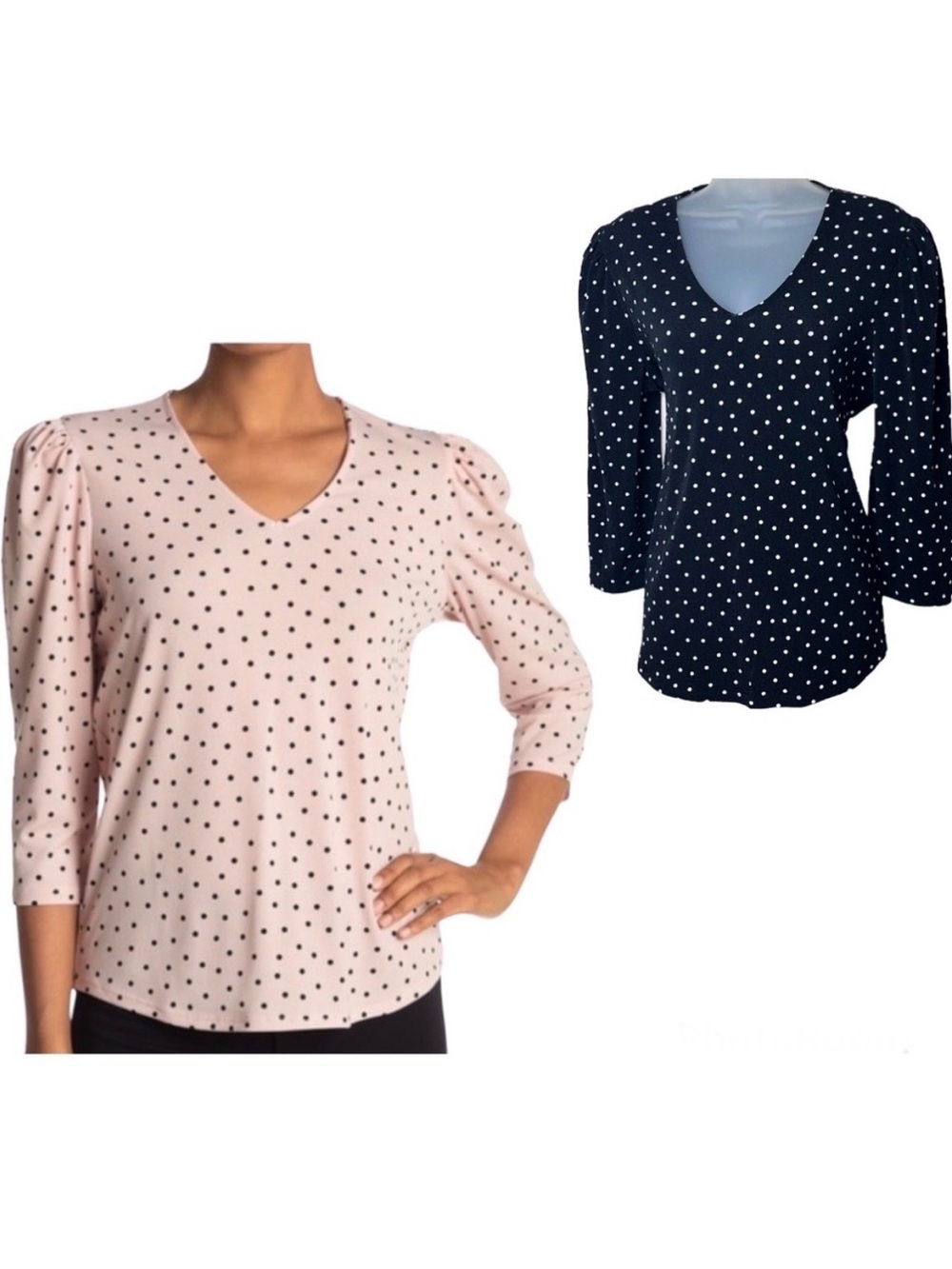 Adrianna Papell Polka Dot Puff Sleeve Top Black White M Office Business Work